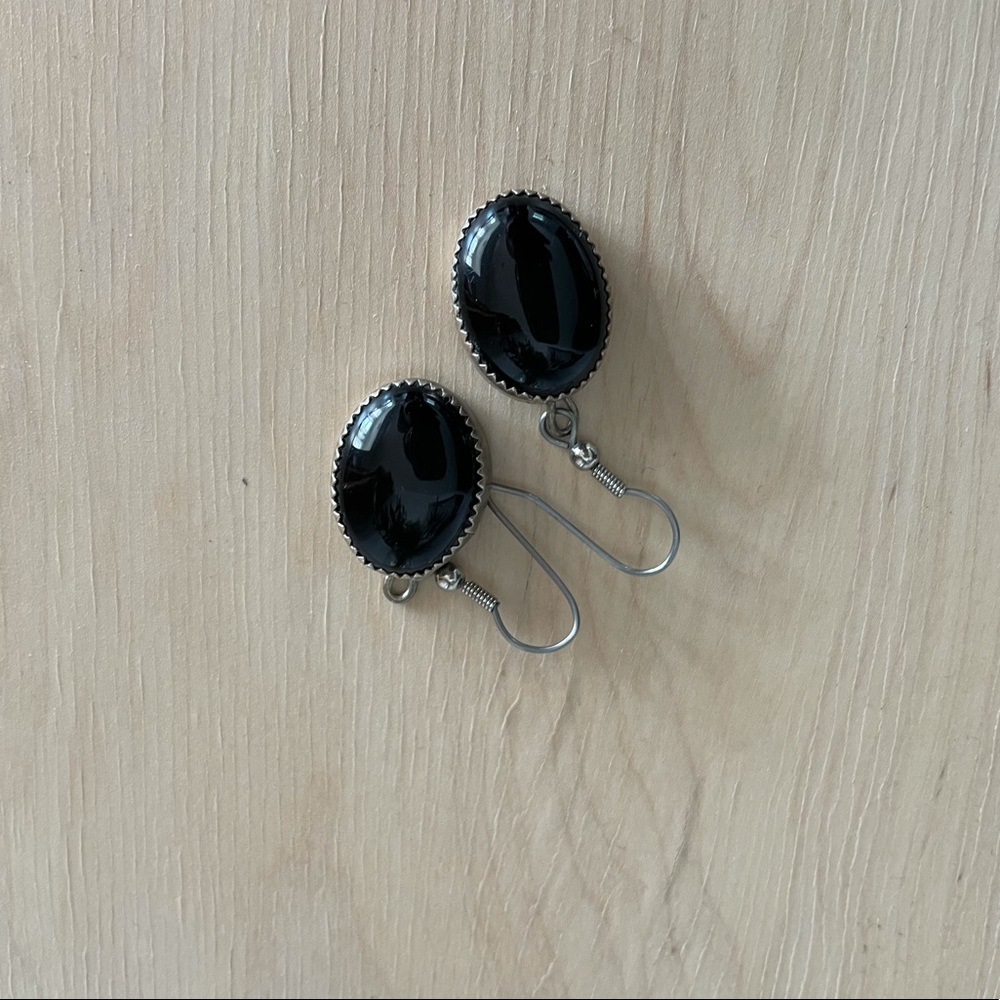 Black onyx drop earrings, set in real silver